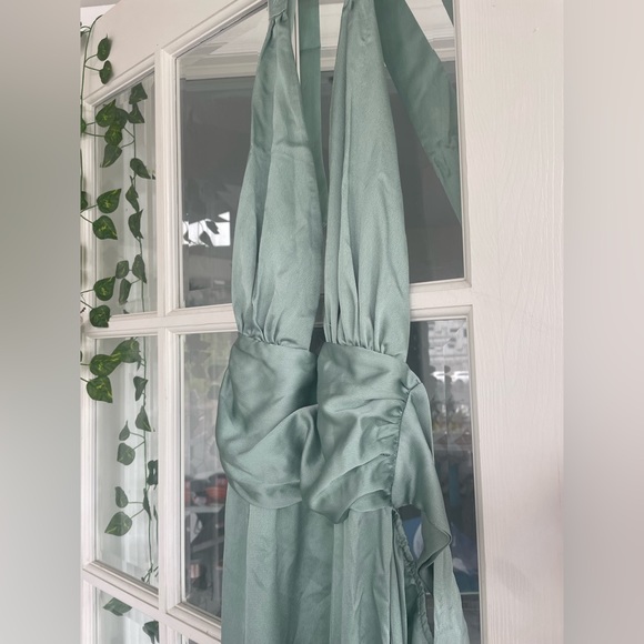 Floor length sage green evening gown, satin feel, 2 leg slits, NEVER WORN - Picture 3 of 3